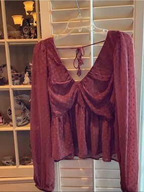 Anthropologie Mauve Ruched Peplum Long-Sleeve Blouse